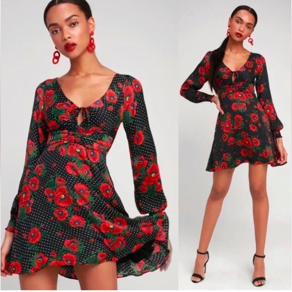 Free People Womens Sz 2 Morning Light Black Red White Polka Dot Floral Dress